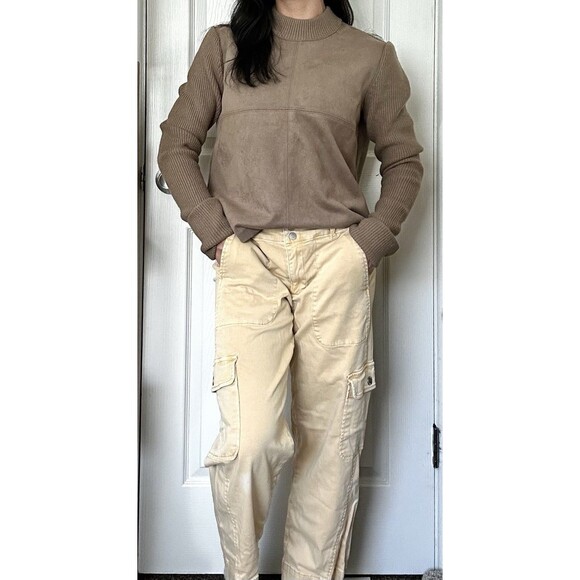 Ann Taylor Faux Suede Brown Mixed Media Sweater Ribbed Size Medium Mock Neck - Picture 3 of 10